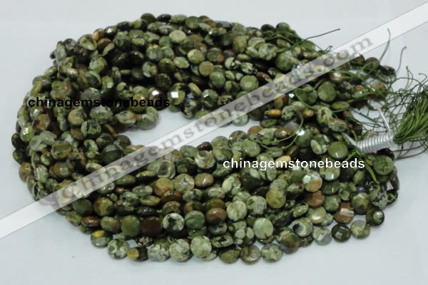 CPS83 15.5 inches 10mm faceted flat round green peacock stone beads