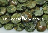 CPS84 15.5 inches 12mm faceted flat round green peacock stone beads