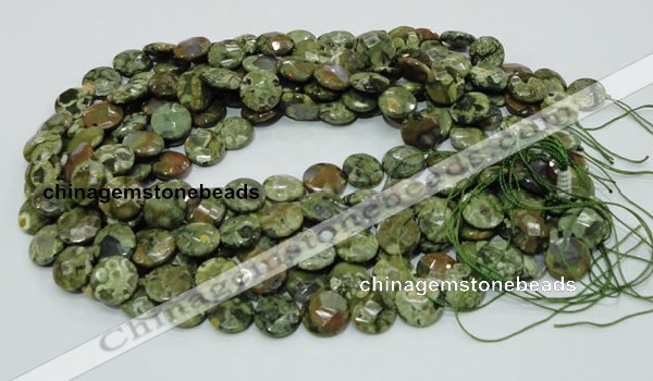 CPS84 15.5 inches 12mm faceted flat round green peacock stone beads