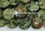 CPS85 15.5 inches 14mm faceted flat round green peacock stone beads