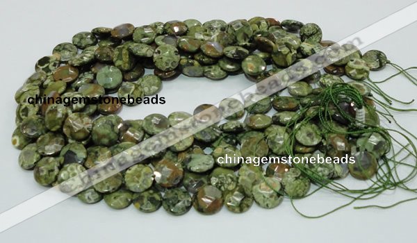 CPS85 15.5 inches 14mm faceted flat round green peacock stone beads