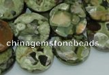 CPS87 15.5 inches 20mm faceted flat round green peacock stone beads