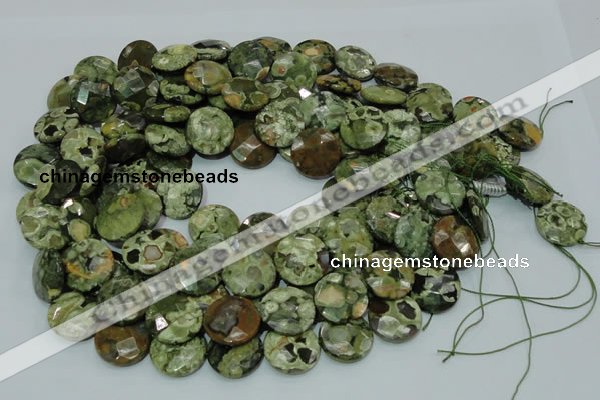 CPS87 15.5 inches 20mm faceted flat round green peacock stone beads