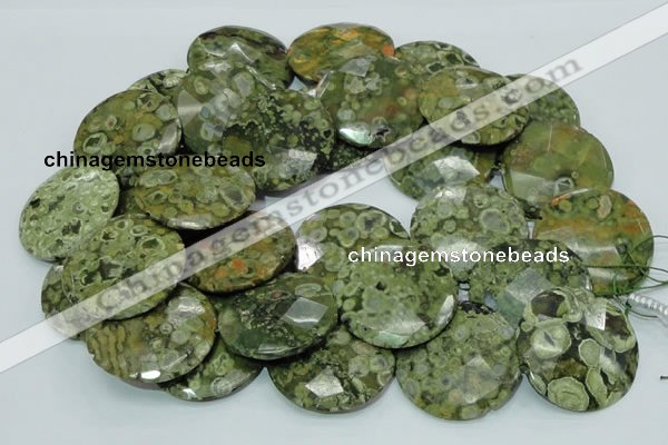CPS88 15.5 inches 40mm faceted flat round green peacock stone beads