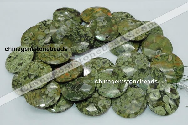 CPS93 15.5 inches 30mm faceted flat round green peacock stone beads