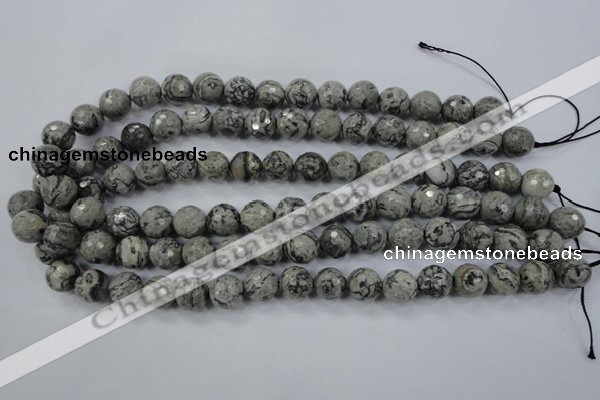 CPT114 15.5 inches 12mm faceted round grey picture jasper beads