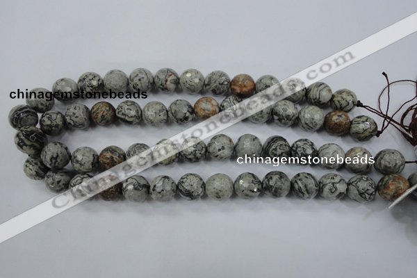 CPT115 15.5 inches 14mm faceted round grey picture jasper beads