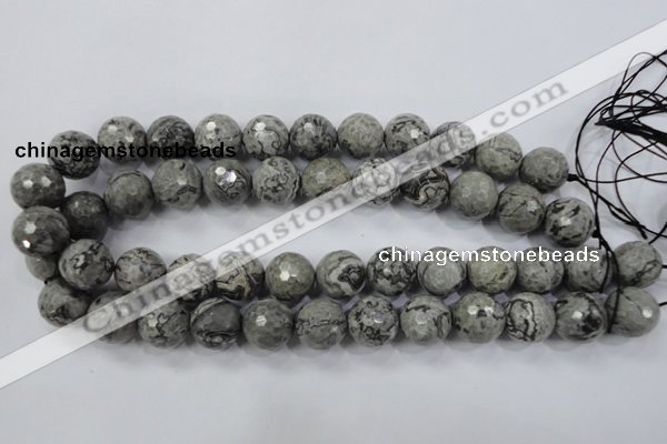 CPT116 15.5 inches 16mm faceted round grey picture jasper beads