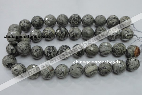 CPT118 15.5 inches 20mm faceted round grey picture jasper beads