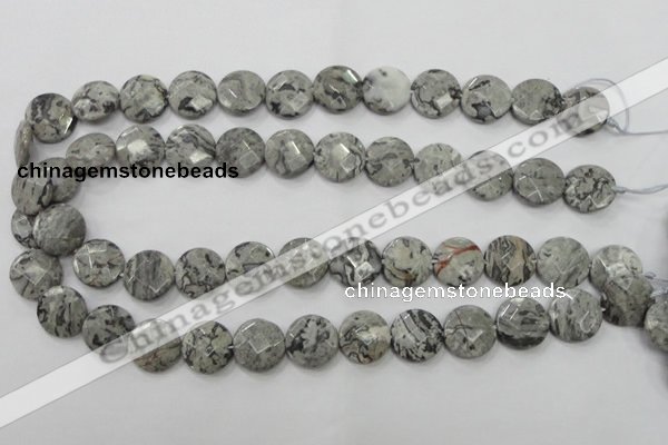 CPT125 15.5 inches 15mm faceted coin grey picture jasper beads