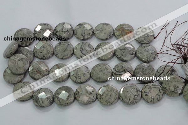 CPT126 15.5 inches 25mm faceted coin grey picture jasper beads