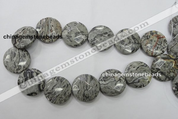 CPT127 15.5 inches 30mm faceted coin grey picture jasper beads