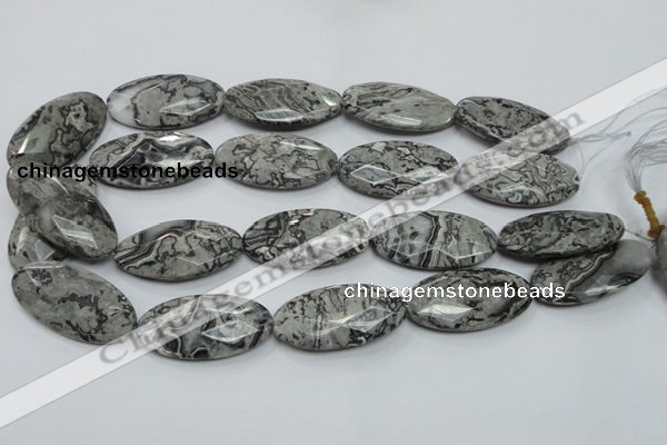 CPT128 15.5 inches 20*40mm faceted oval grey picture jasper beads