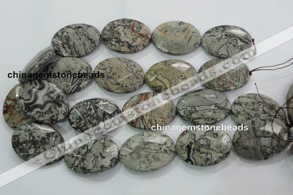 CPT130 15.5 inches 30*40mm faceted oval grey picture jasper beads