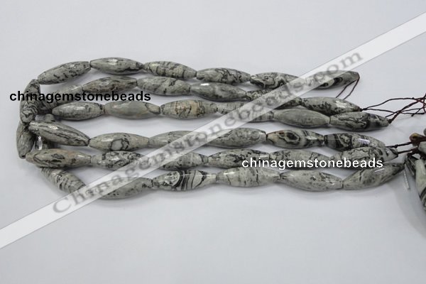 CPT136 15.5 inches 10*30mm faceted rice grey picture jasper beads