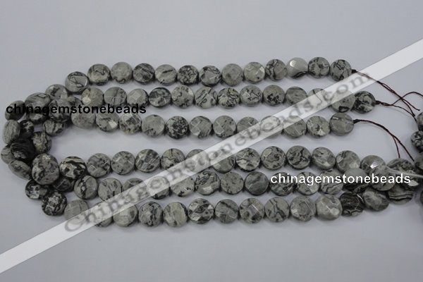 CPT140 15.5 inches 12mm faceted coin grey picture jasper beads