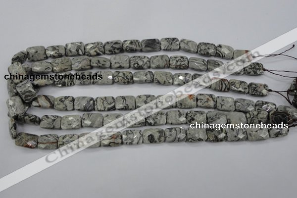 CPT152 15.5 inches 10*14mm faceted rectangle grey picture jasper beads