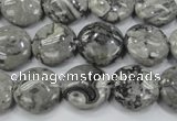 CPT164 15.5 inches 14mm flat round grey picture jasper beads