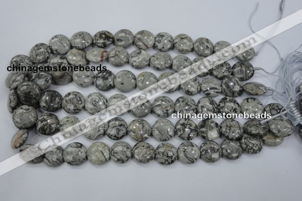 CPT165 15.5 inches 16mm flat round grey picture jasper beads