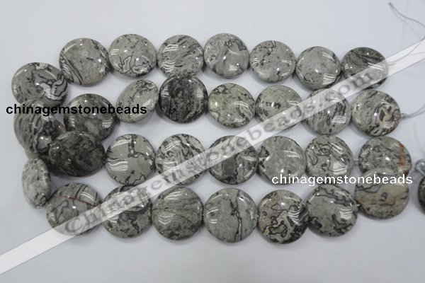 CPT168 15.5 inches 25mm flat round grey picture jasper beads