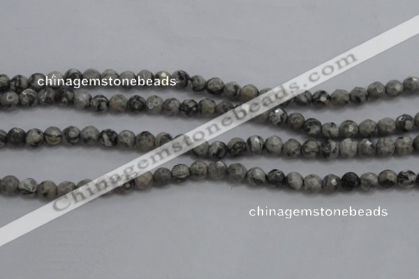 CPT186 15.5 inches 4mm faceted round grey picture jasper beads