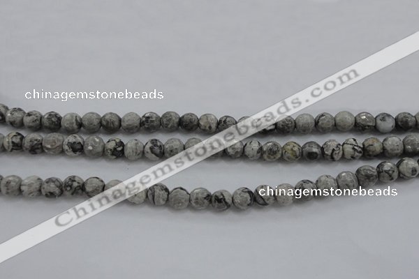 CPT187 15.5 inches 6mm faceted round grey picture jasper beads