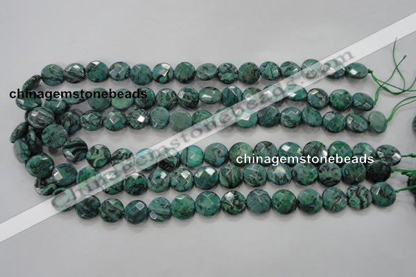 CPT232 15.5 inches 12mm faceted coin green picture jasper beads