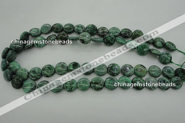 CPT328 15.5 inches 14mm flat round green picture jasper beads