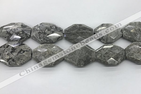 CPT582 30*40mm - 32*42mm faceted octagonal grey picture jasper beads