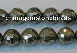 CPY110 15.5 inches 14mm faceted round pyrite gemstone beads wholesale