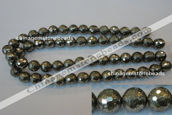 CPY110 15.5 inches 14mm faceted round pyrite gemstone beads wholesale