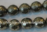 CPY111 15.5 inches 16mm faceted round pyrite gemstone beads wholesale