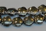 CPY162 15.5 inches 12mm carved flower pyrite gemstone beads wholesale