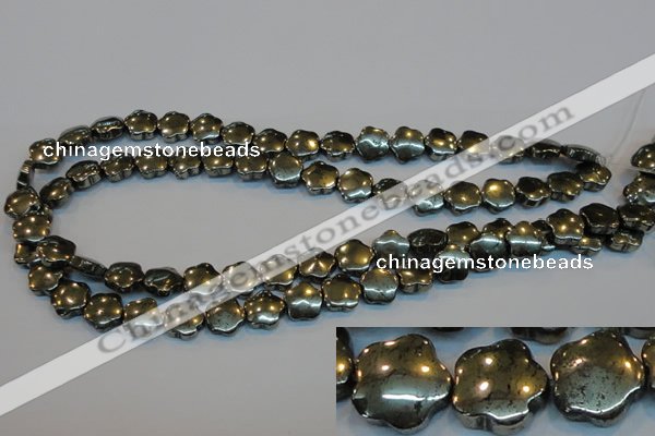 CPY162 15.5 inches 12mm carved flower pyrite gemstone beads wholesale