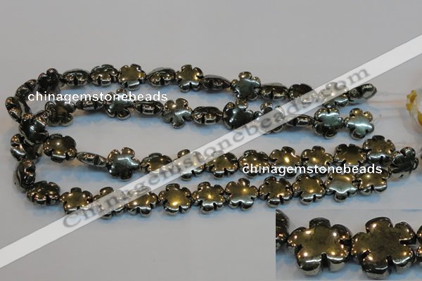 CPY164 15.5 inches 16mm carved flower pyrite gemstone beads wholesale