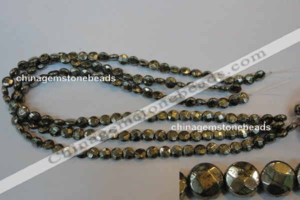 CPY341 15.5 inches 8mm faceted coin pyrite gemstone beads wholesale