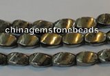 CPY345 15.5 inches 6*10mm twisted rice pyrite gemstone beads wholesale