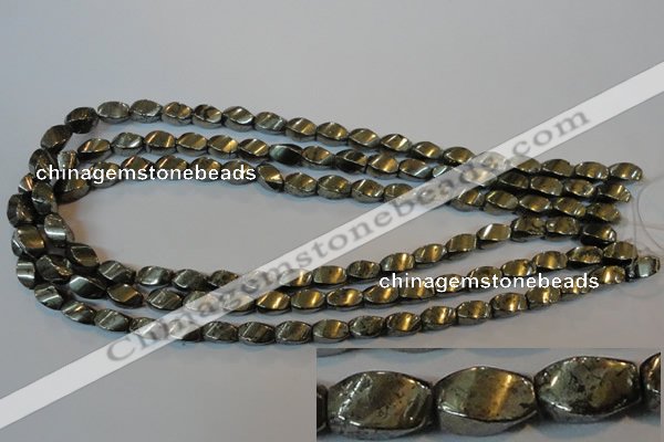 CPY345 15.5 inches 6*10mm twisted rice pyrite gemstone beads wholesale