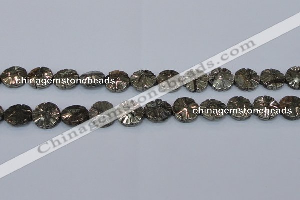 CPY660 15.5 inches 15mm carved flower pyrite gemstone beads