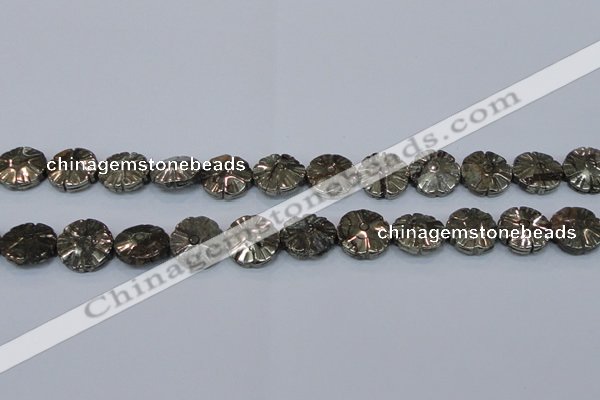 CPY661 15.5 inches 16mm carved flower pyrite gemstone beads