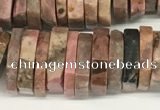 CRB1086 15.5 inches 5*20mm - 6*22mm faceted heishi rhodonite beads