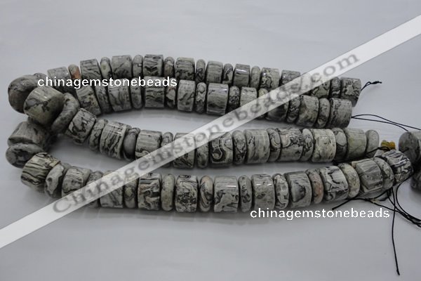 CRB196 15.5 inches 6*18mm – 13*18mm rondelle grey picture jasper beads