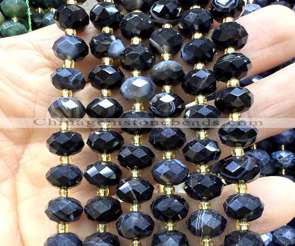 CRB6329 15 inches 6*10mm faceted rondelle black banded agate beads