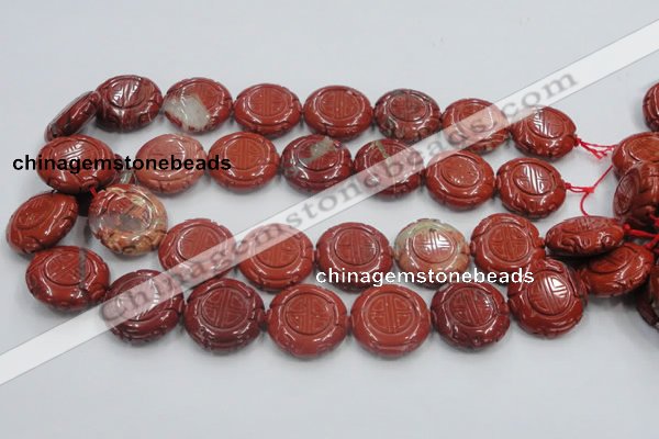 CRE20 16 inches 25mm carved coin natural red jasper beads wholesale