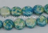 CRF117 15.5 inches 12mm flat round dyed rain flower stone beads