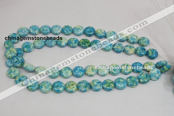 CRF118 15.5 inches 14mm flat round dyed rain flower stone beads