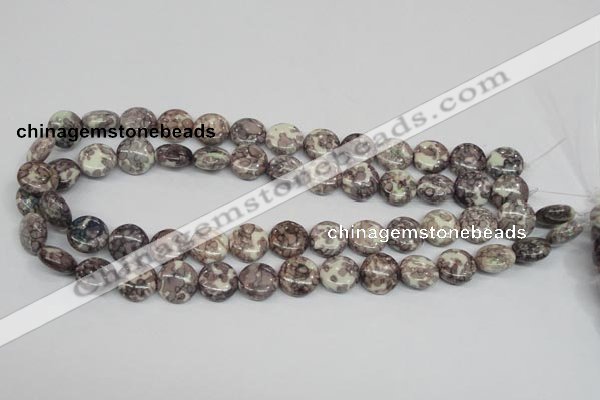 CRF237 15.5 inches 14mm flat round dyed rain flower stone beads