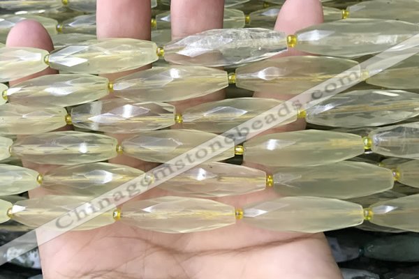 CRI132 15.5 inches 10*30mm faceted rice lemon quartz beads