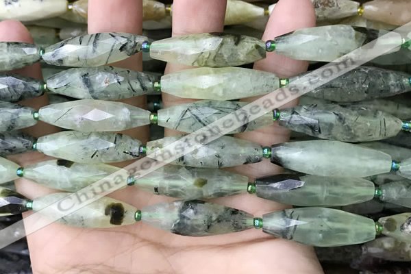 CRI133 15.5 inches 10*30mm faceted rice green rutilated quartz beads