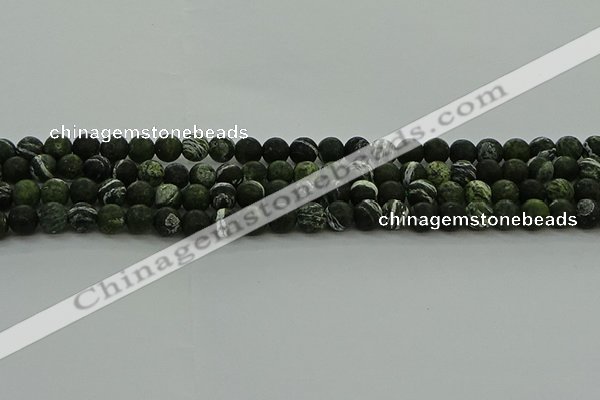 CRO1121 15.5 inches 6mm round matte green silver line jasper beads